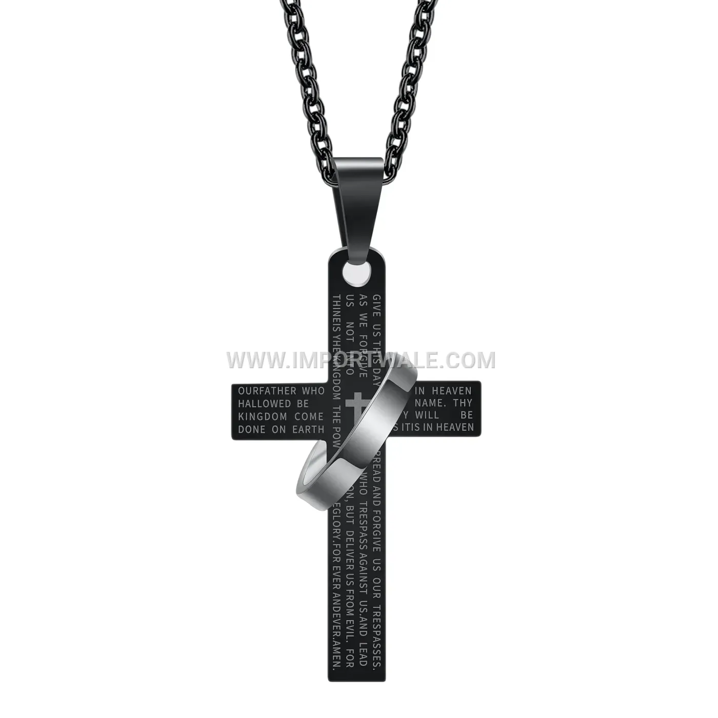 Engraved Cross Circular Stainless Steel Pendant Chain Necklace