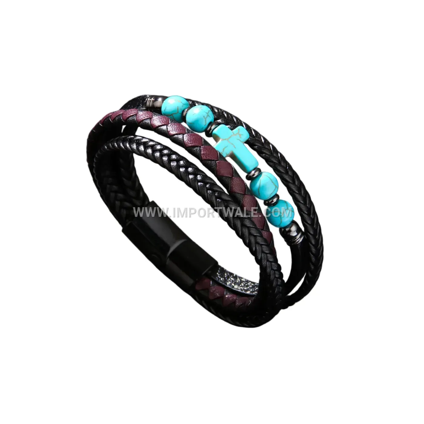 Natural Stone Beaded Leather Cross Wrap Bracelet