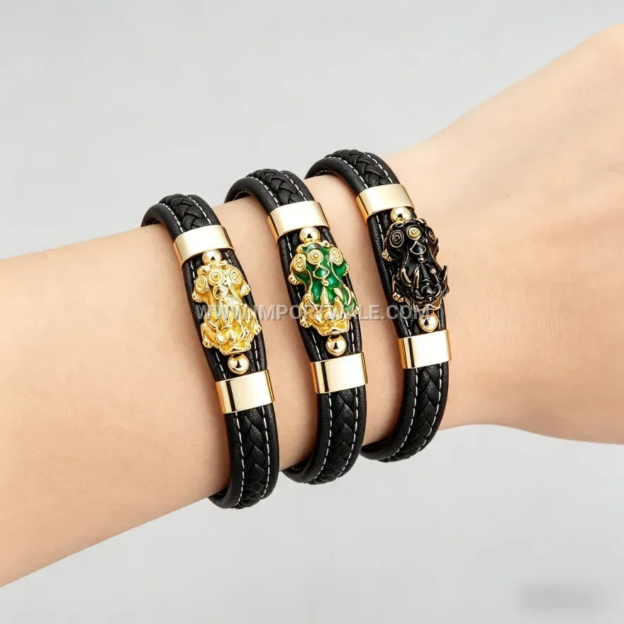Woven Leather Bracelet with Metallic Pixiu Charm Accents