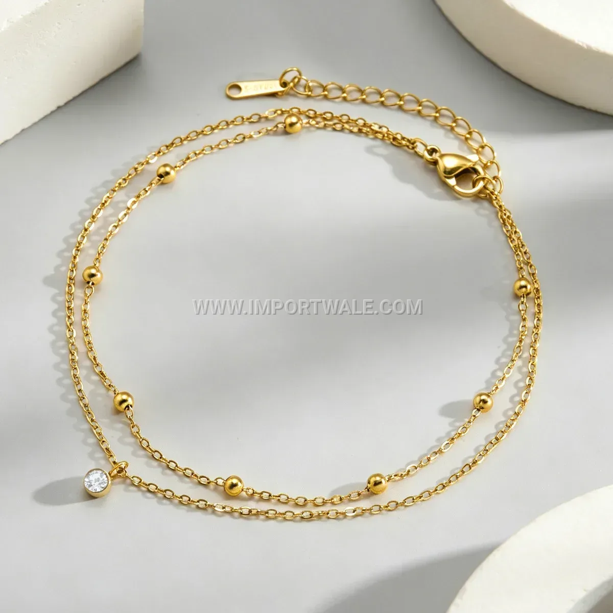 Gold Plated Stainless Steel Layered Solitaire Crystal Anklet