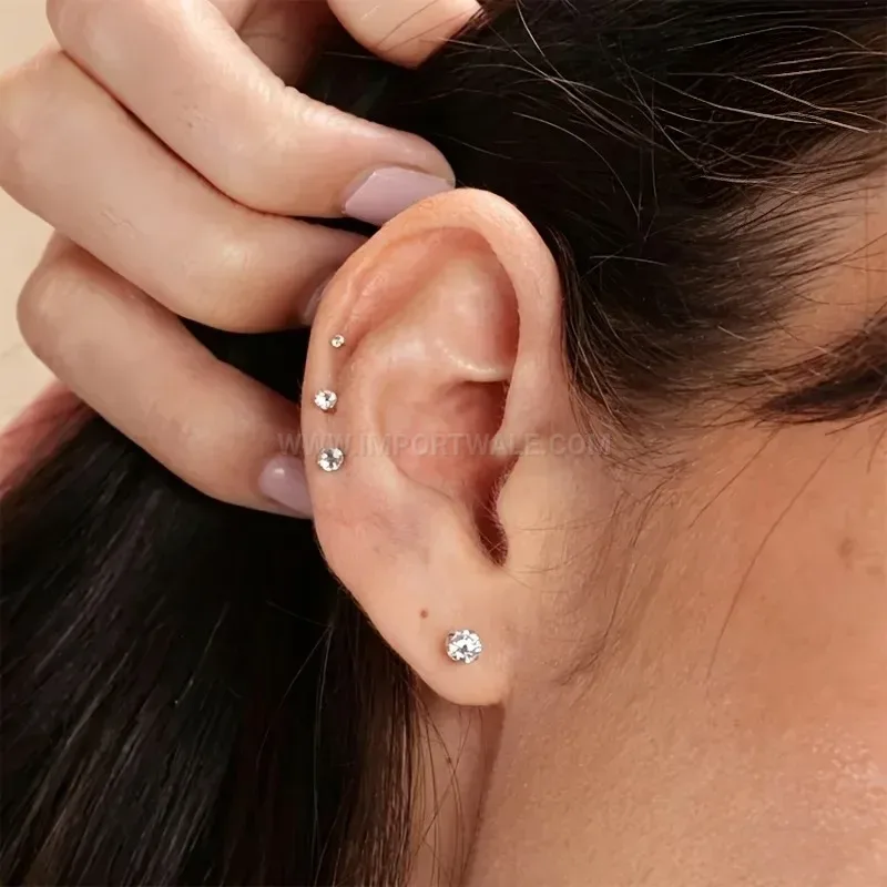 Stylish Minimalist Stainless Steel Rhinestone Bar Piercing Ear Stud Set