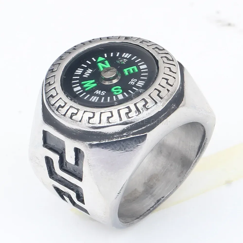 Elegant Round Compass Stainless Steel Statement Ring