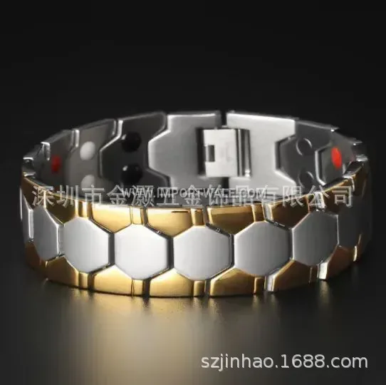 Wide Titanium Steel Magnetic Health Bracelet with Spherical Accents