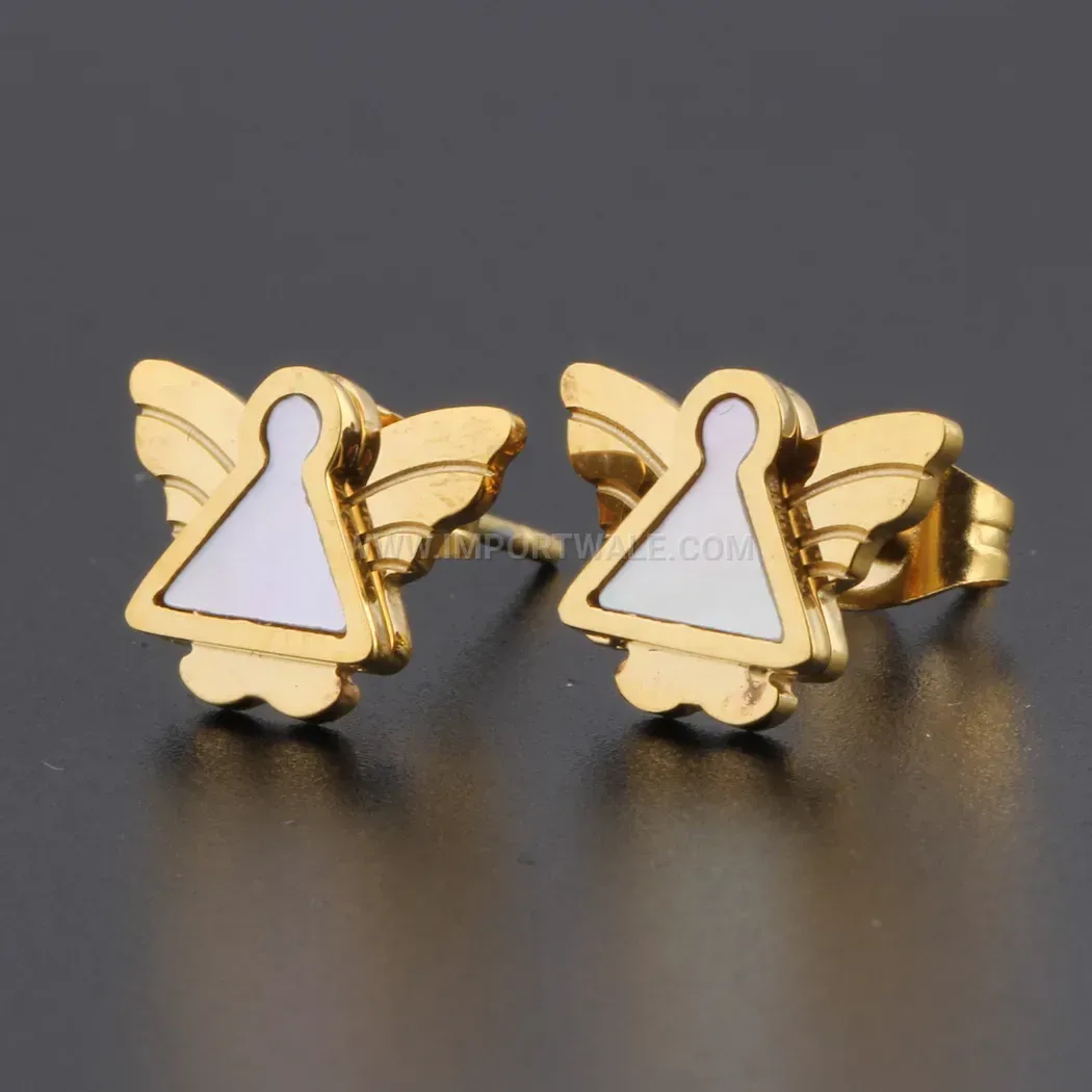 Gold Plated Stainless Steel Angel Stud Earrings with Shell Inlay