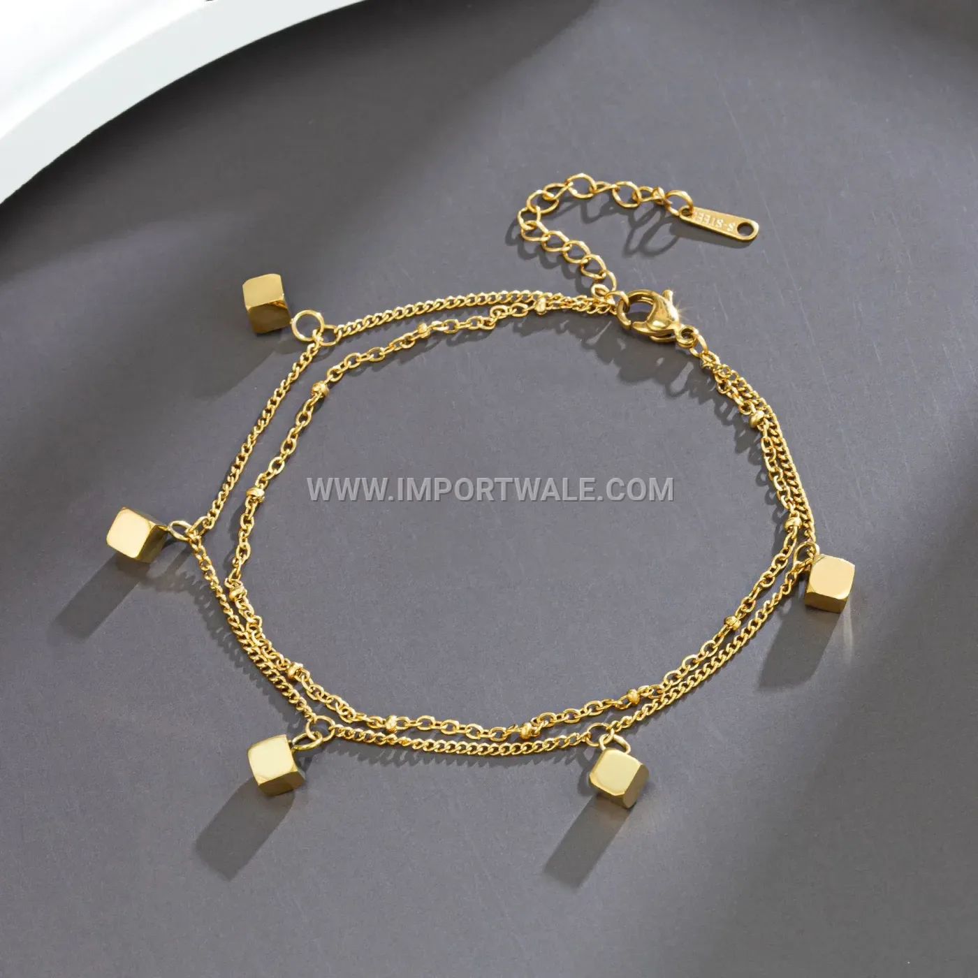 Double Layer Square Block Gold Plated Titanium Steel Anklet