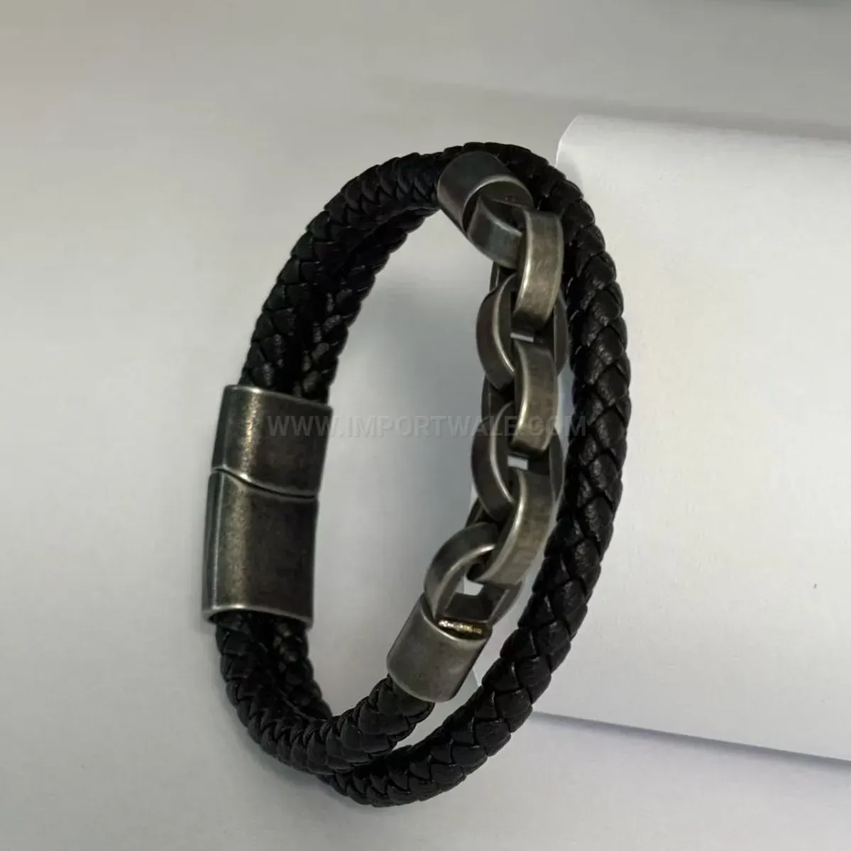 Distressed Steel Chain and Microfiber Leather Men's Bracelet
