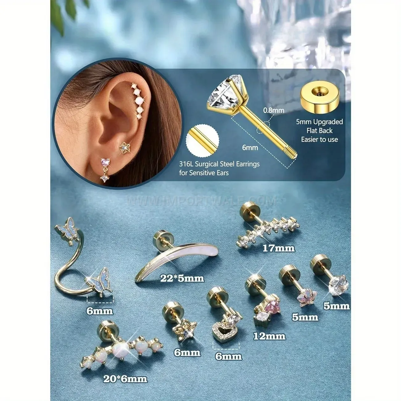 Chic Curved Pavé Butterfly and Heart Stainless Steel Piercing Stud Set