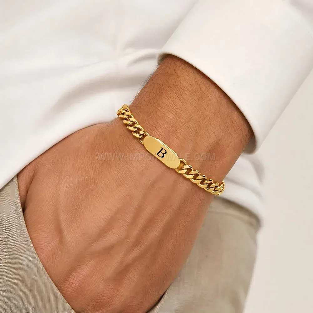 Engraved Alphabet Stainless Steel Cuban Chain Bracelet