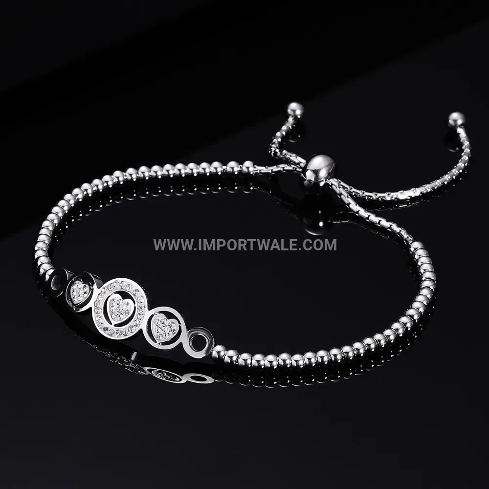 Adjustable Stainless Steel Heart Beaded Bracelet with Rhinestone Accents