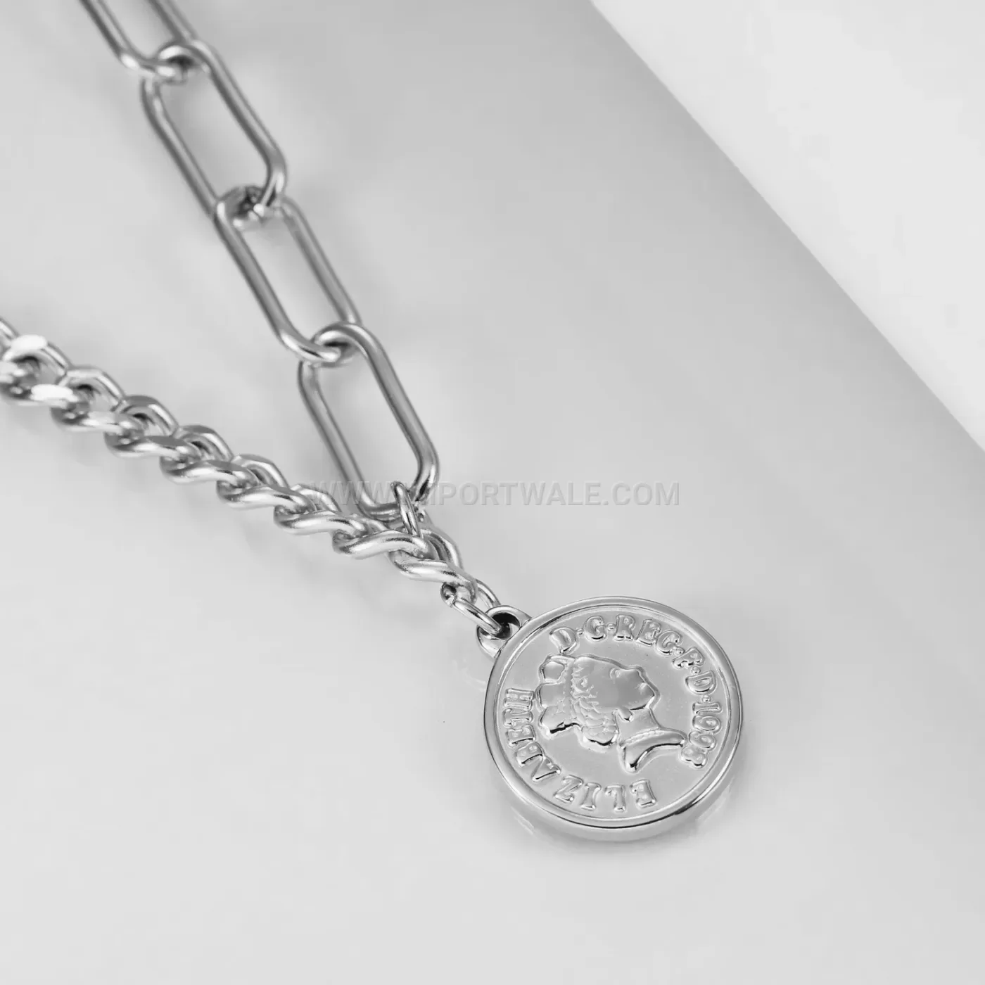 Stainless Steel Queen Coin Pendant Necklace With Minimalist Toggle Clasp