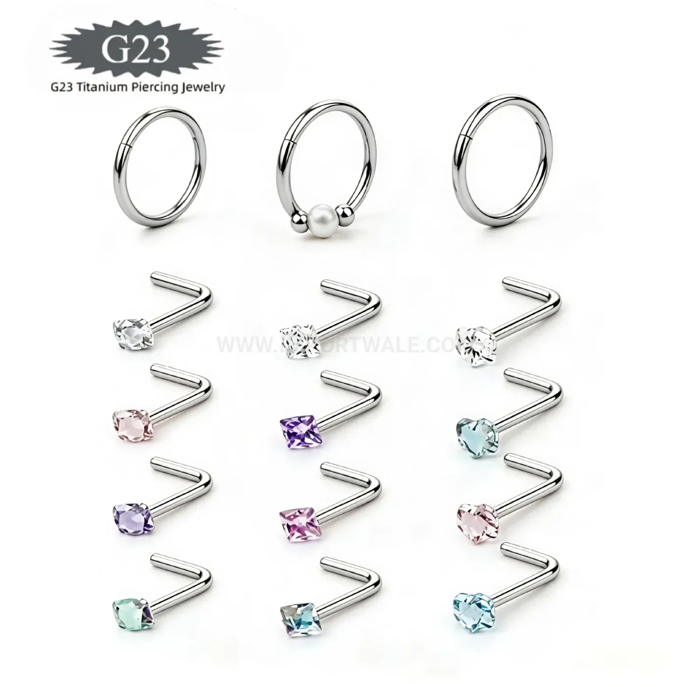 Stylish Multicolor Cubic Zirconia G23 Titanium L-Shaped Nose Stud Piercing Set