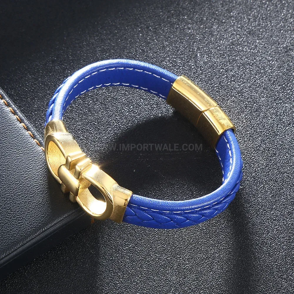 Gold-Tone Stainless Steel Leather Cuff Bracelet