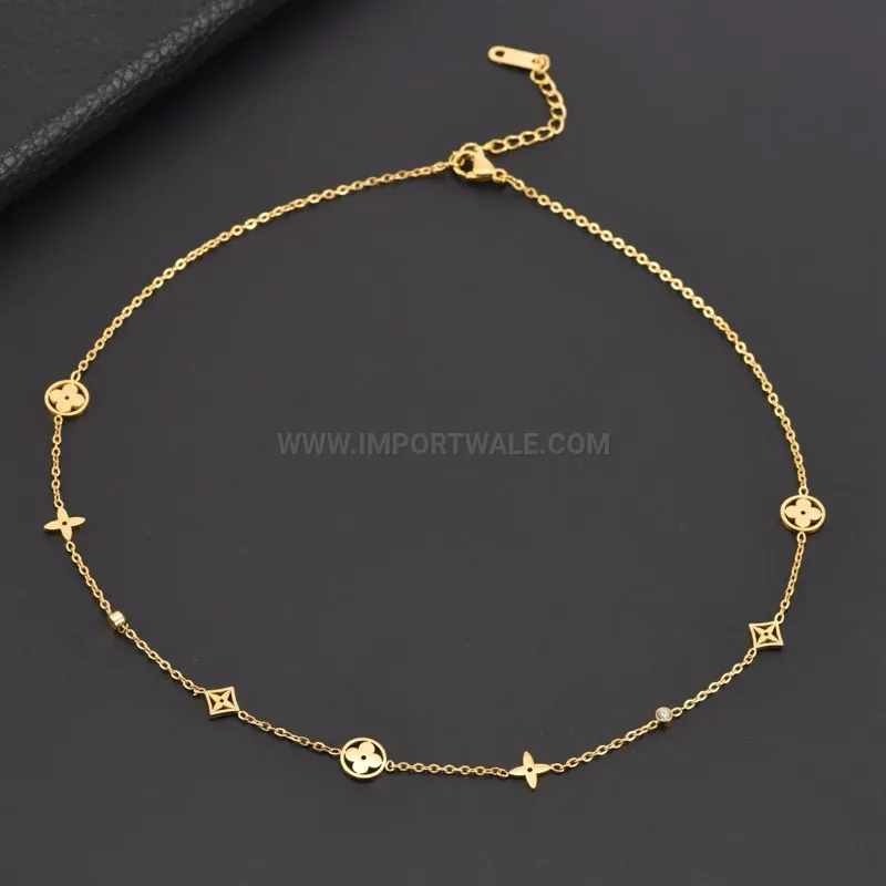 Trendy Titanium Steel Four Leaf Clover Crystal Pendant Necklace and Bracelet