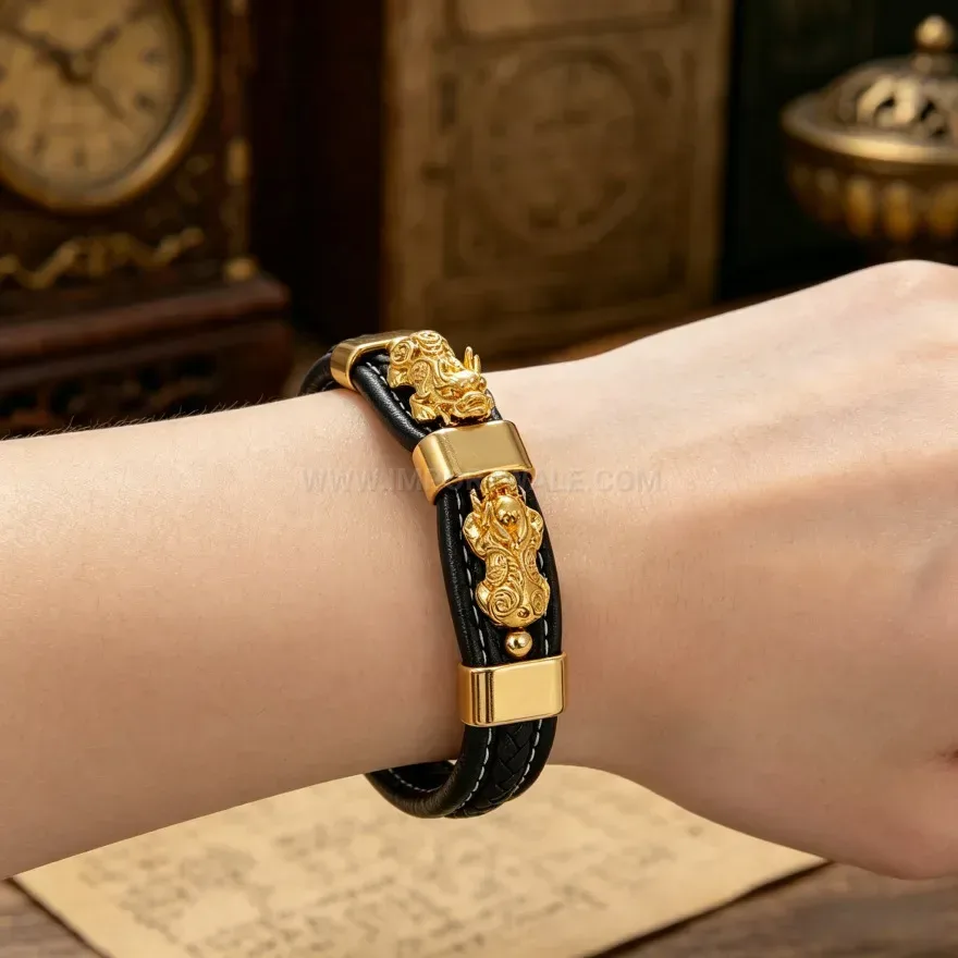 Designer Braided Leather Pixiu Charm Bracelet With Titanium Steel Clasp