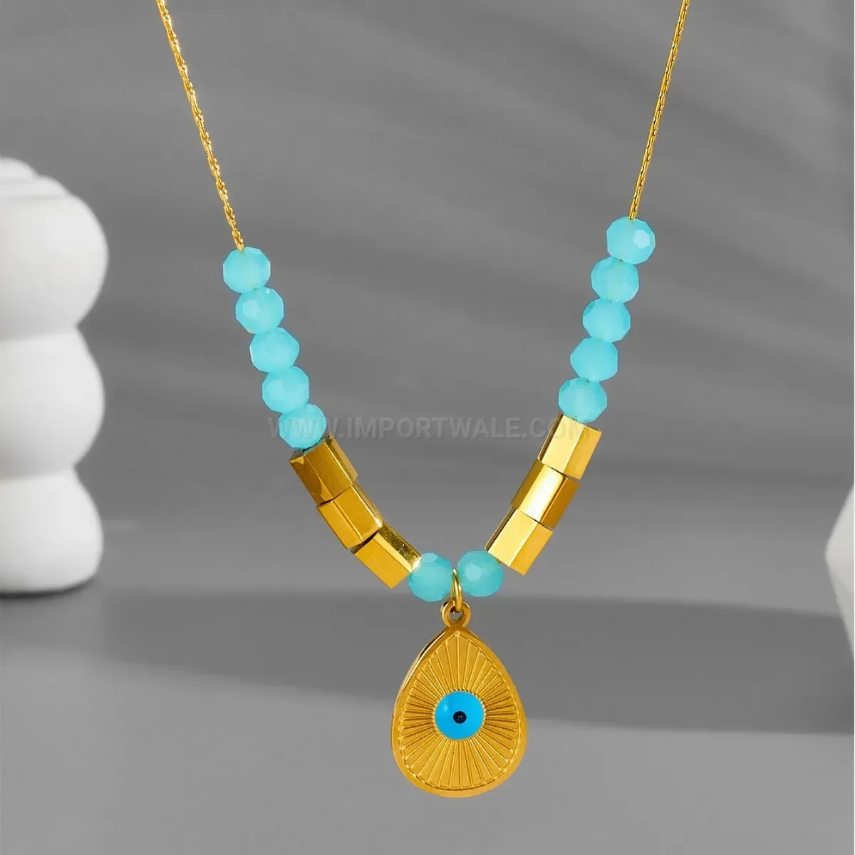 Classic Blue Evil Eye Teardrop Pendant Gold Plated Stainless Steel Necklace