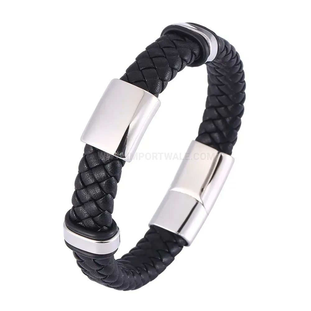 Braided Leather Bracelet With Stainless Steel Hardware Accent