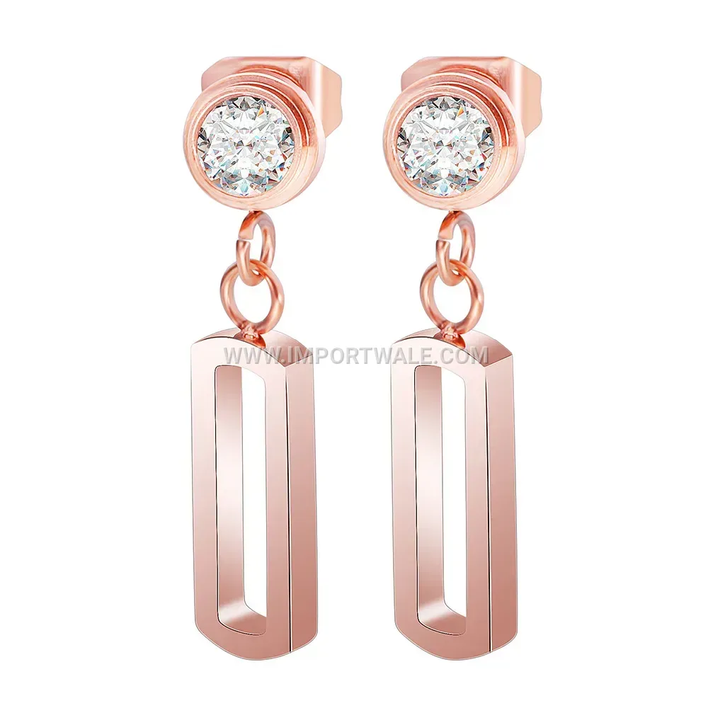 Hollow Rectangular Stainless Steel Stud Earrings with Zirconia