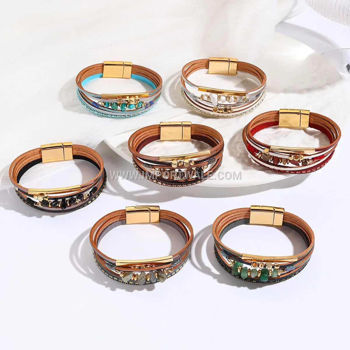 Boho Faux Leather Bracelet with Crushed Stone Accents
