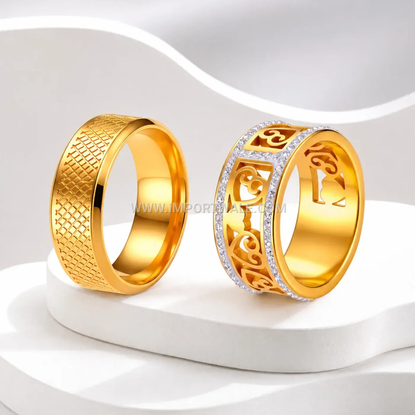 Cutout Heart Mesh Zirconia Stainless Steel Couple Band Ring