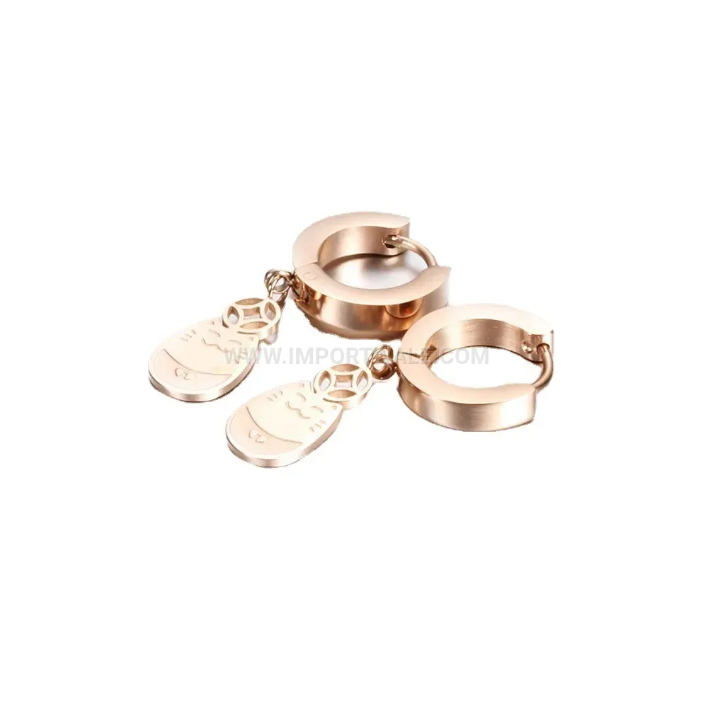 Rose Gold Stainless Steel Fortune Cat Coin Huggie Earrings