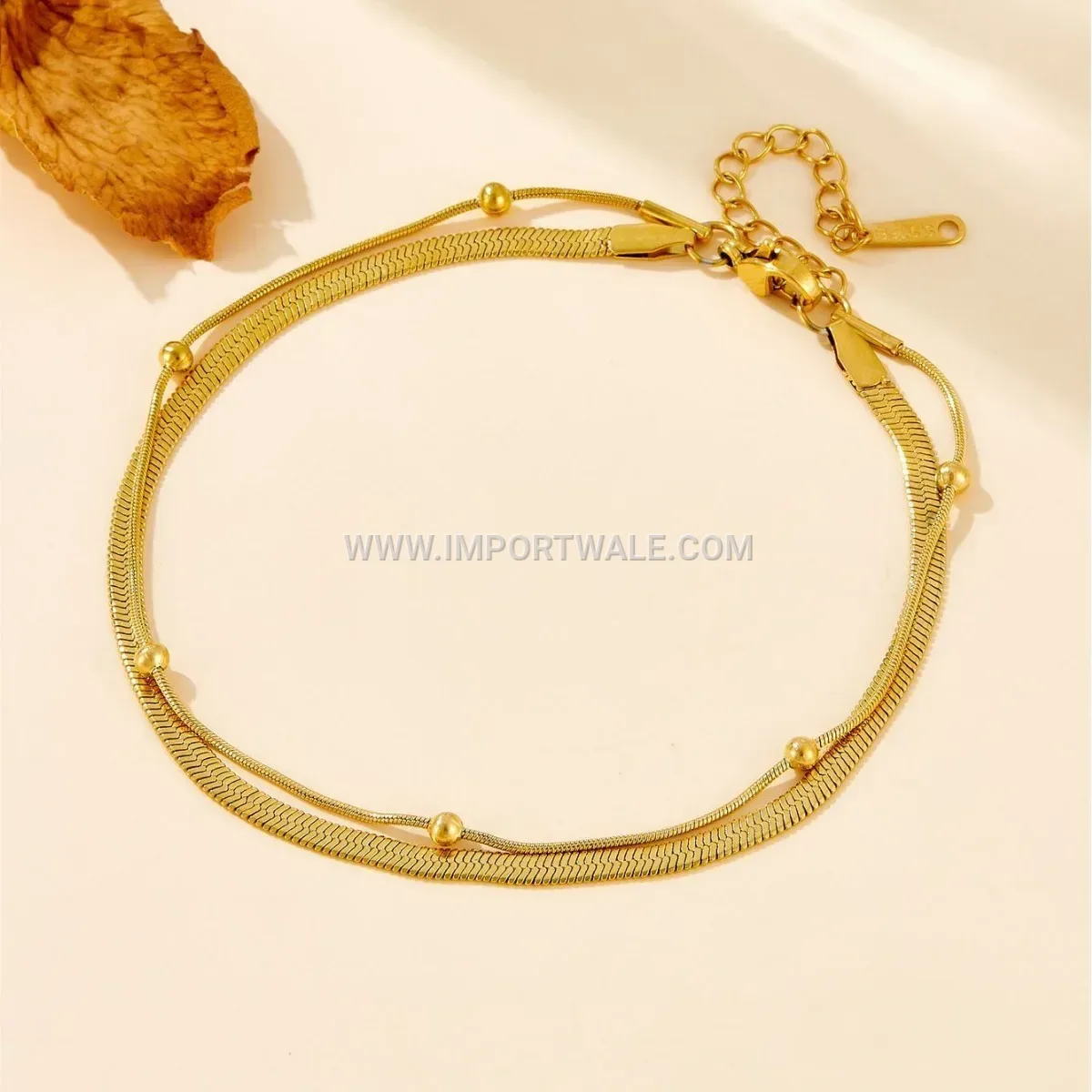 Double Layer Gold Bead and Blade Chain Anklet