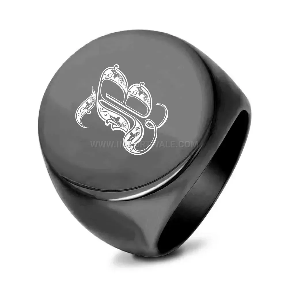 Classic Round Laser Engraved Initial Letter Stainless Steel Signet Ring