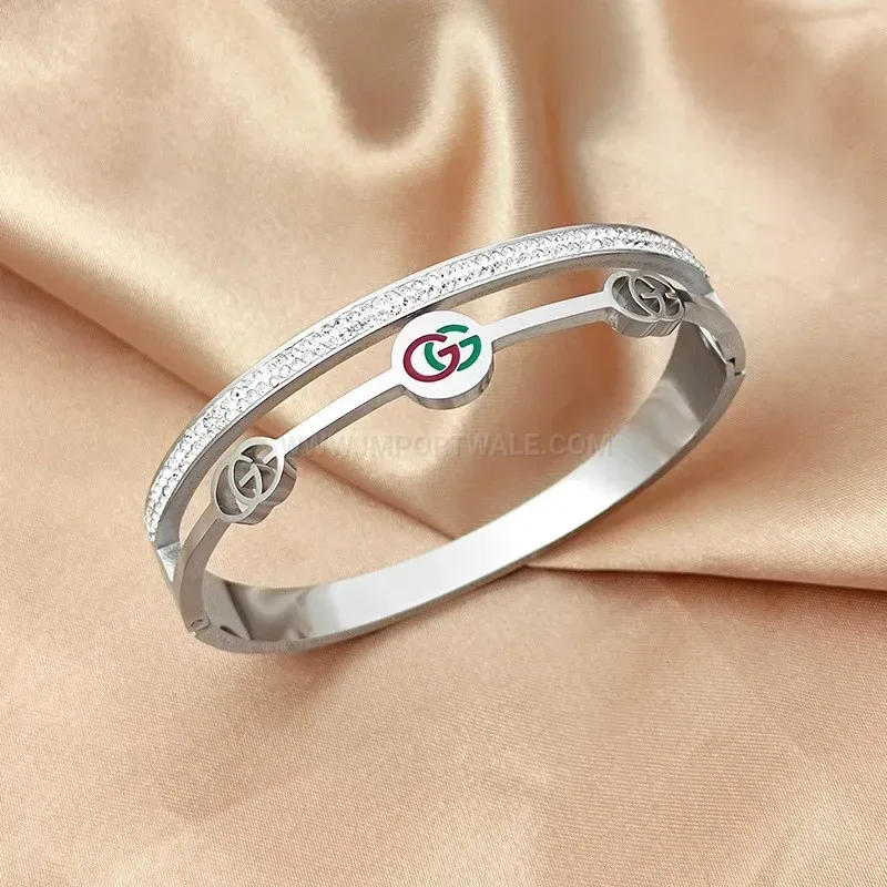 Bold Rhinestone Red and Green Patterned Titanium Steel Bangle