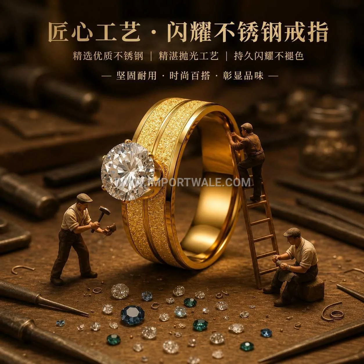 Six Prong Zircon Gold Plated Stainless Steel Band Ring
