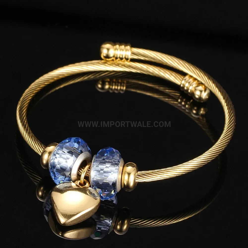 Bold Adjustable Stainless Steel Glass Bead Bangle With Heart Pendant