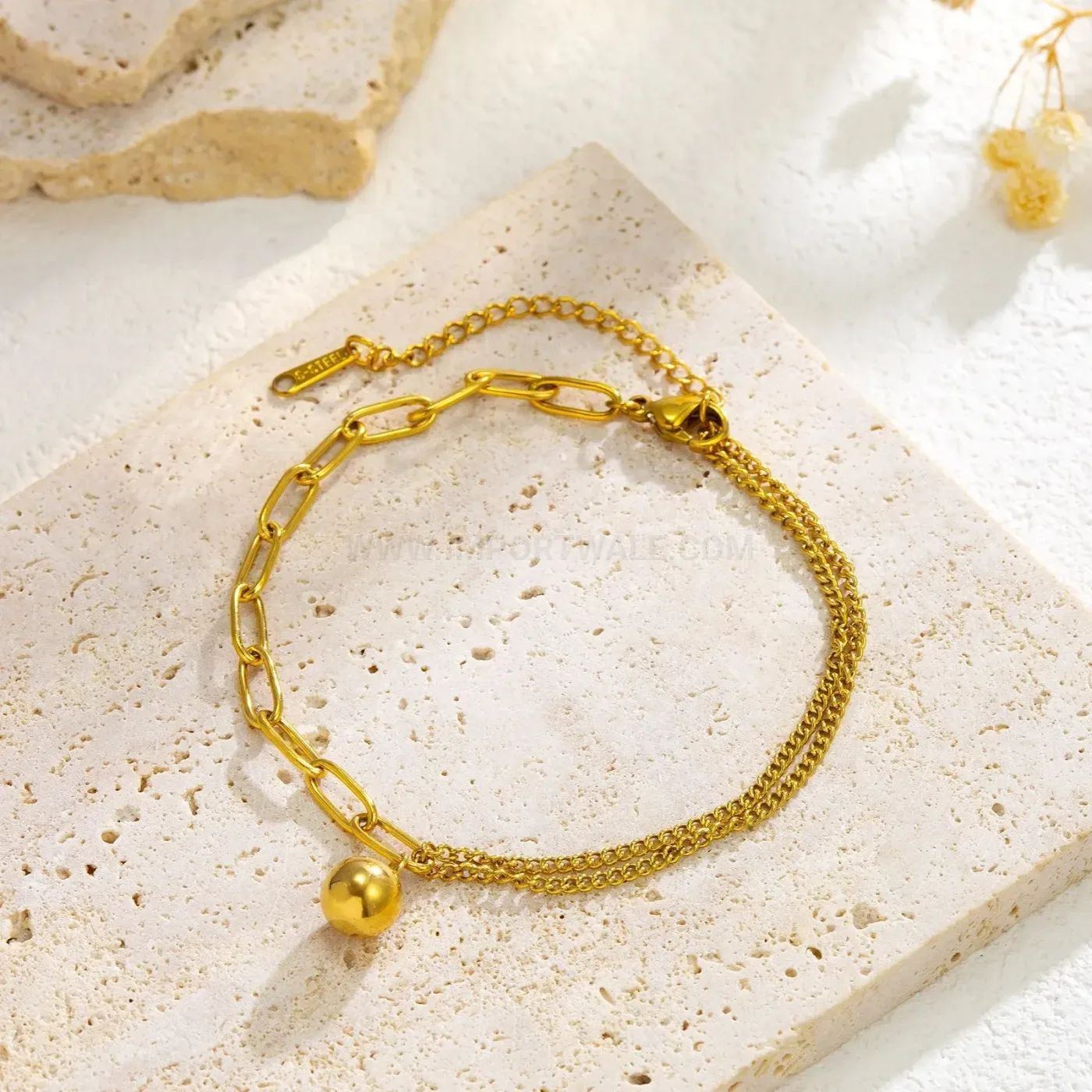 Chic 18K Gold Plated Stainless Steel Golden Sphere Charm Anklet