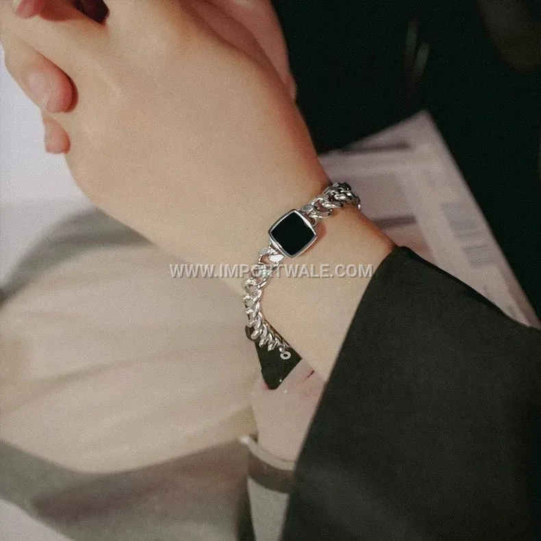 Women's Geometric Square Link Titanium Steel Bracelet with Quartz Accent