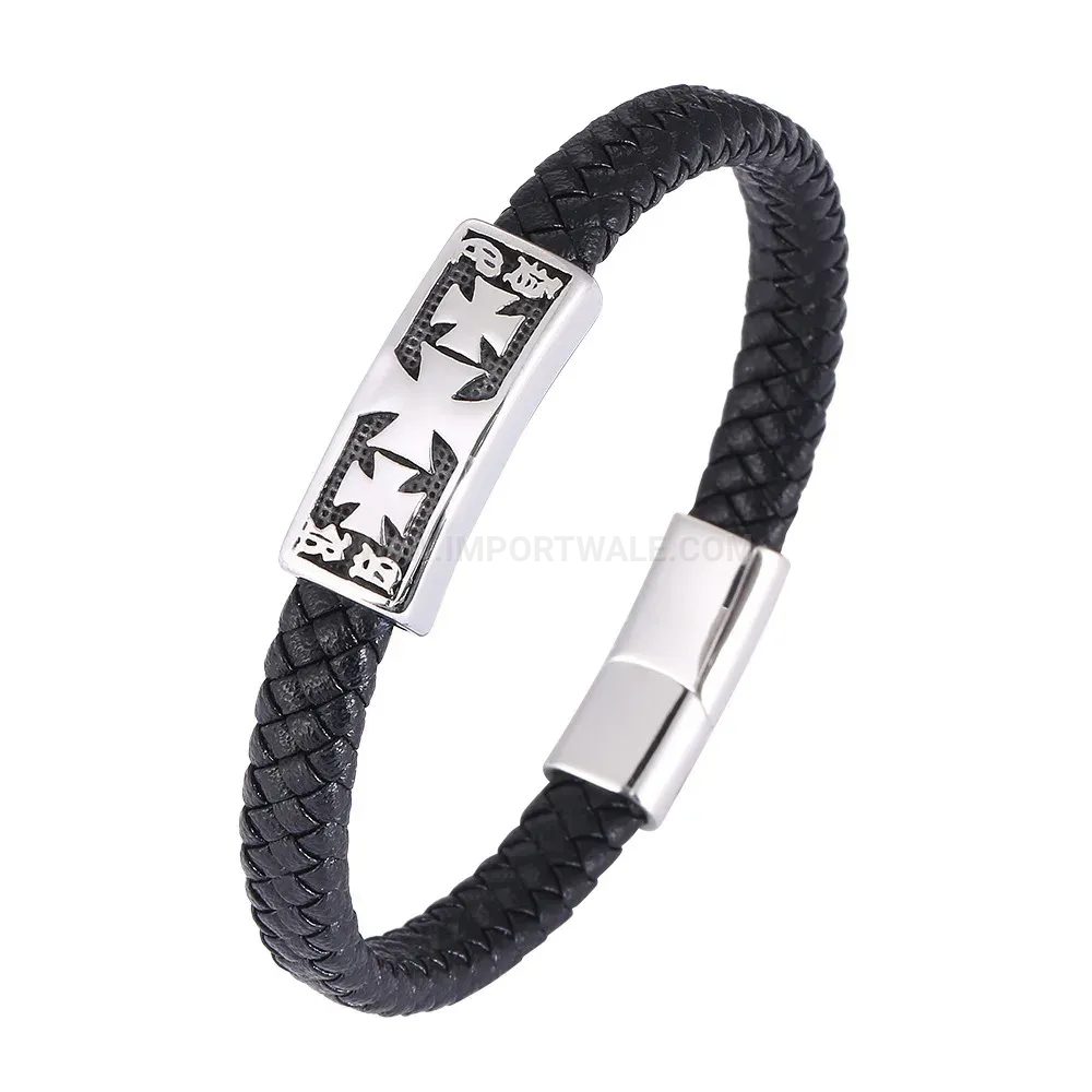 Designer Braided Leather Steel Cross Bracelet