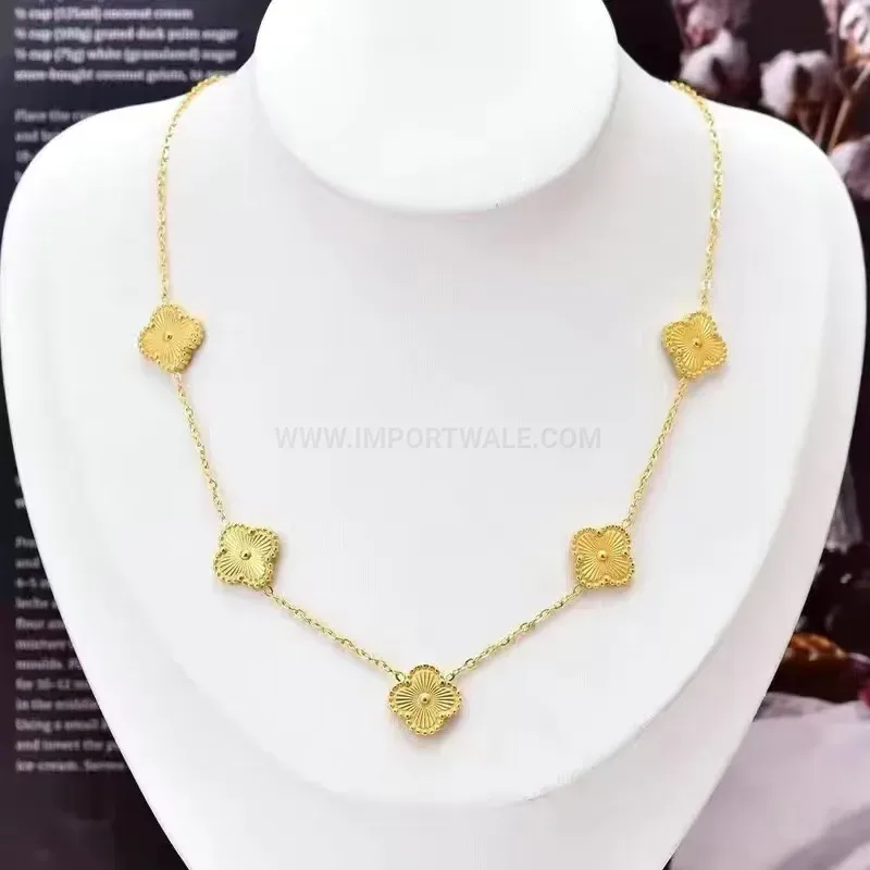 Gold Titanium Steel Four Leaf Clover Charm Pendant Necklace Set