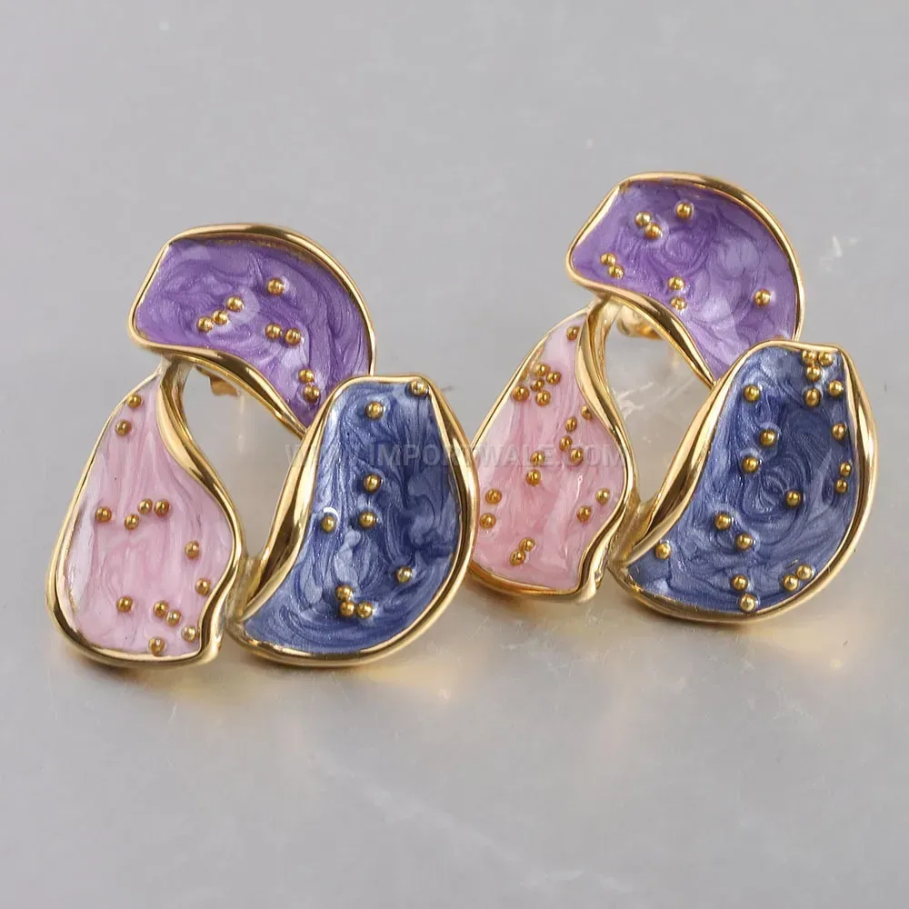 Vintage Enamel 14K Gold Plated Stainless Steel Drop Earrings 29mm