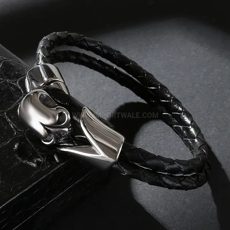 Classic Double Wrap Leather Wristband with Stainless Steel Skull Hardware
