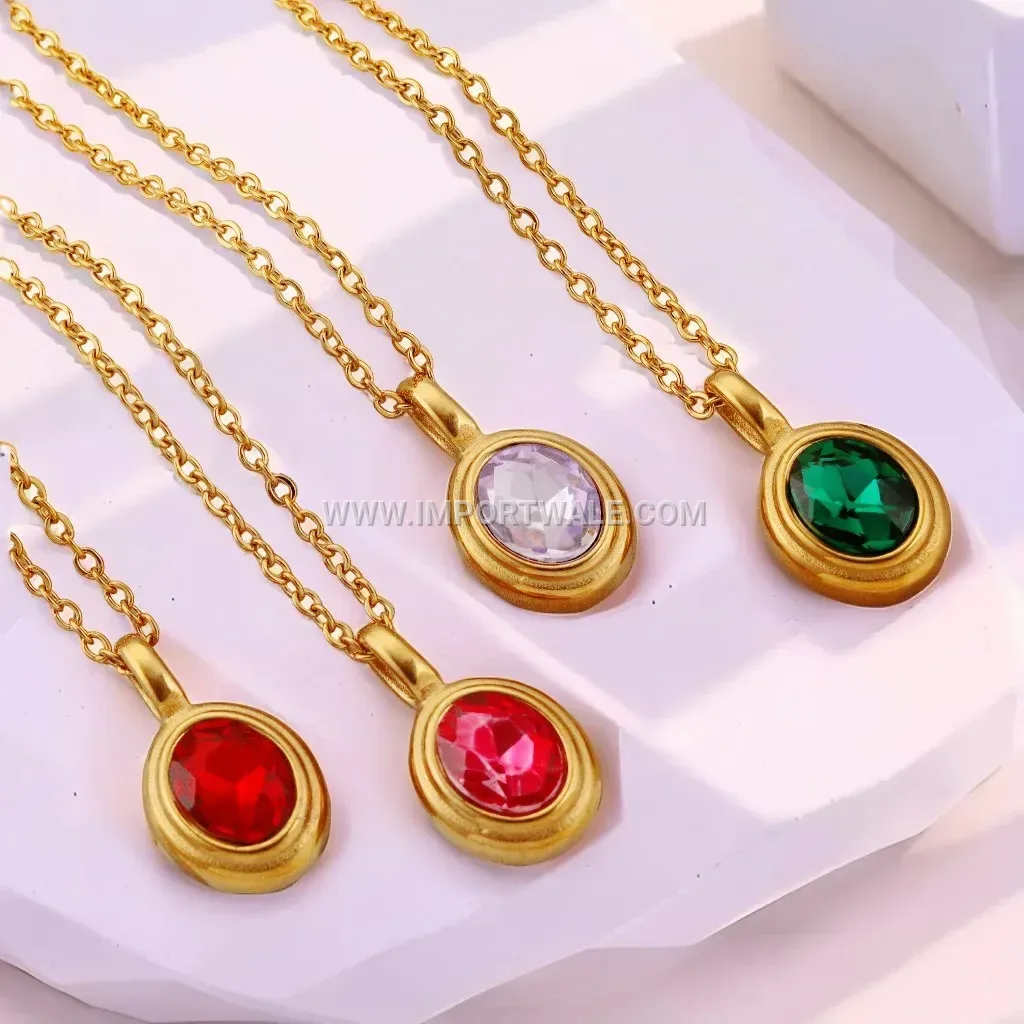Gold Tone Titanium Steel Oval Gemstone Link Chain Necklace