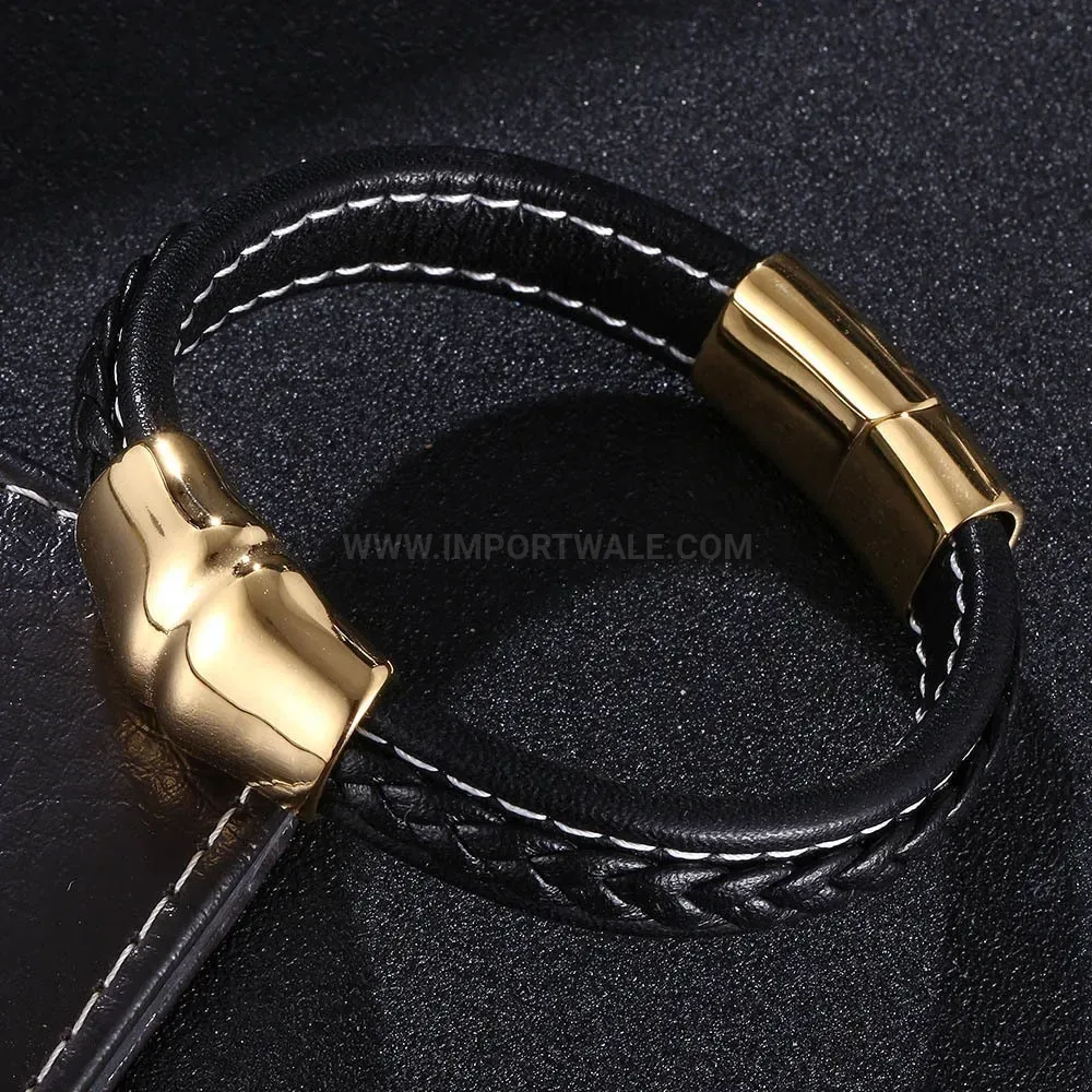 Braided Leather Wristband with Gold Tone Stainless Steel Clasp