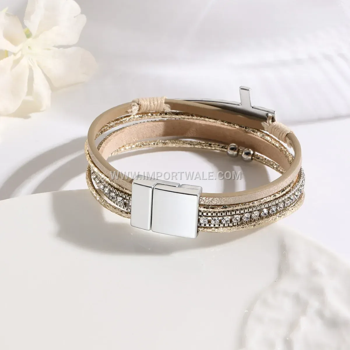 Bohemian Multi-Layer Faux Leather Cross Bracelet with Magnetic Clasp
