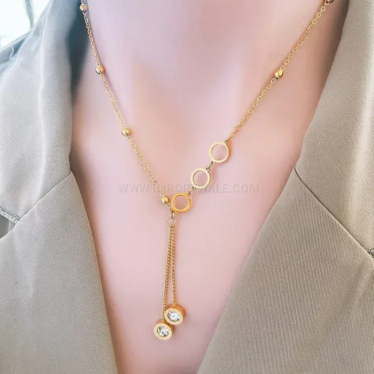 Titanium Steel Roman Numeral Tassel Pendant Necklace with Sparkling Crystal Accent