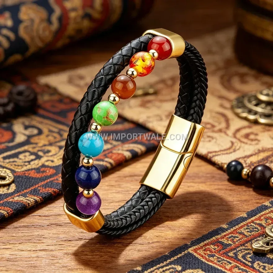 Beaded Stone Leather Band with Metallic Magnetic Closure