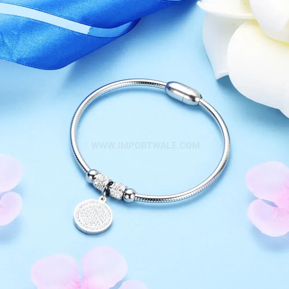 Elegant Crystal Accent Round Motif Magnetic Stainless Steel Snake Chain Bangle