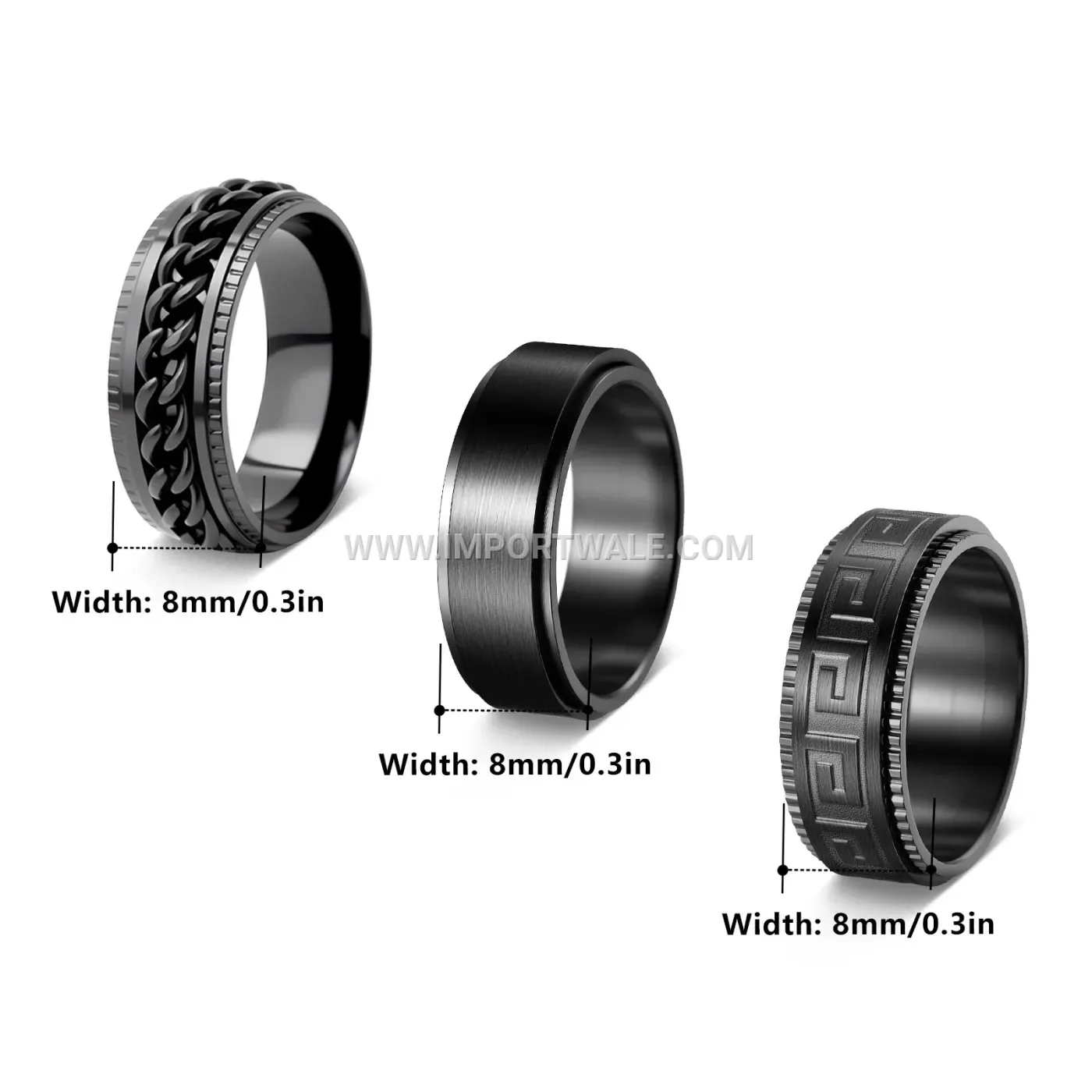 Men's Black Stainless Steel Rotating Chain Spinner Ring Set