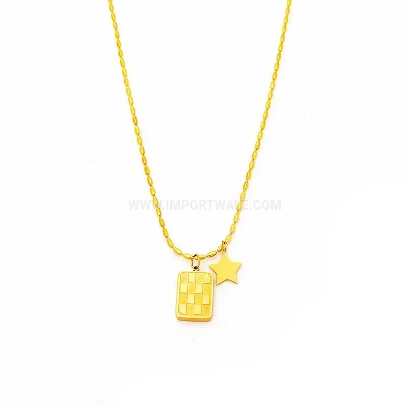 Fashion Gold Plated Titanium Steel Checkerboard Square Pendant Necklace