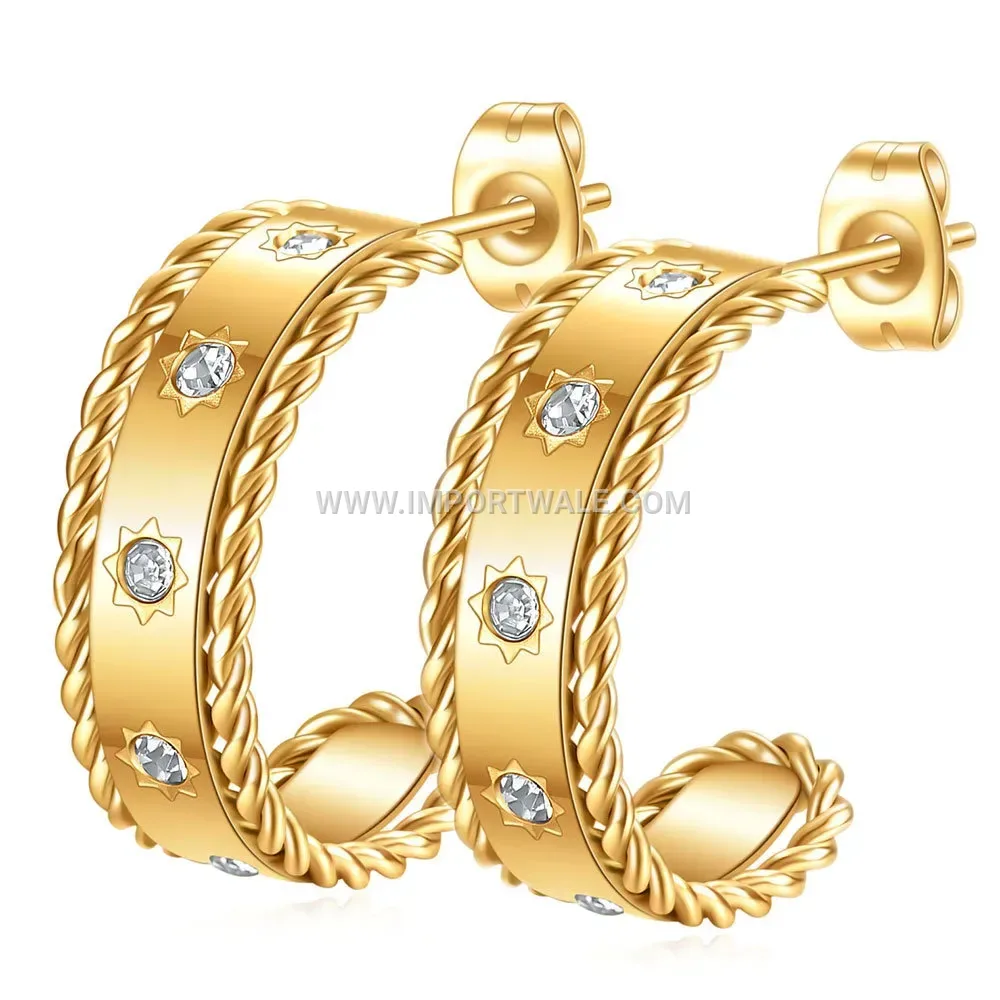 18K Gold Plated Stainless Steel Twisted C-Shape Hoop Earrings With Cubic Zirconia