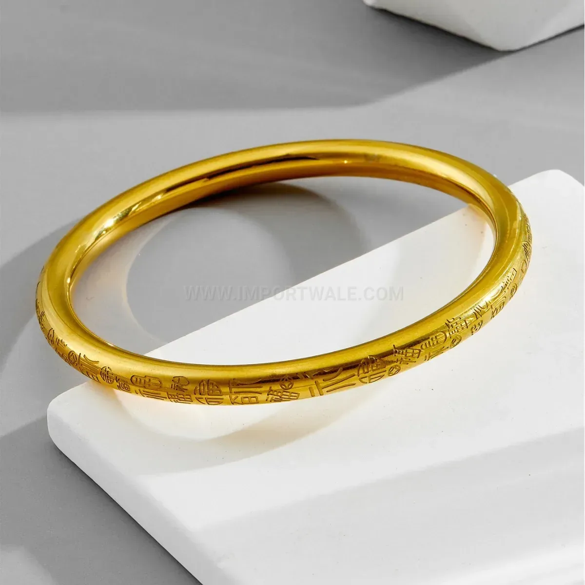Bold Engraved Character Ancient Gold Titanium Steel Bangle Bracelet