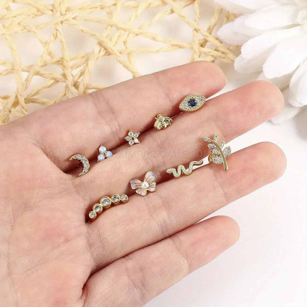 Designer Sparkling Cubic Zirconia Flower and Butterfly Piercing Stud Set