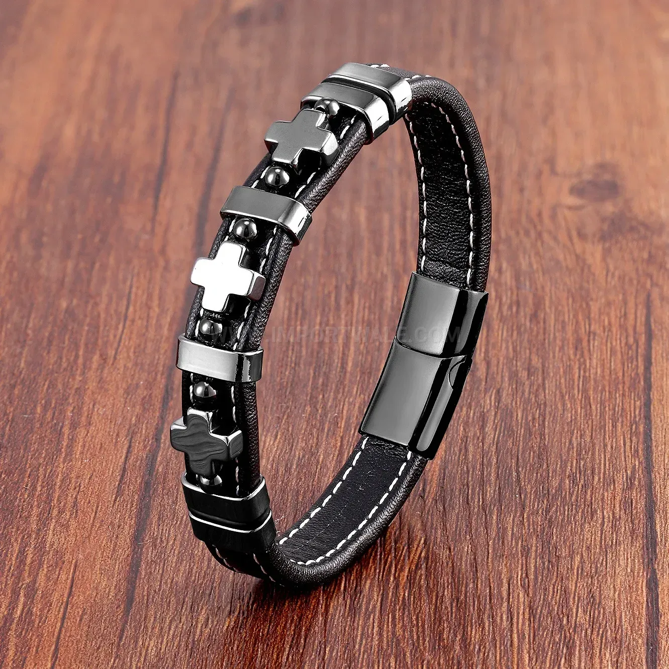 Vintage Leather Cross Stone Men's Stainless Steel Bracelet