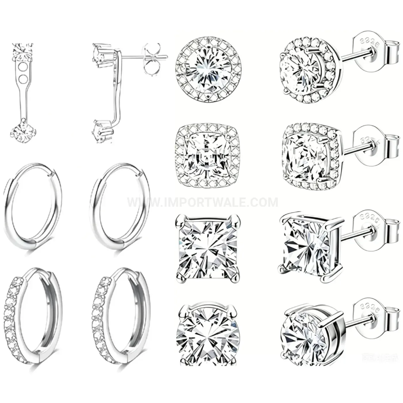 Bold Stainless Steel Square Cut Cubic Zirconia Piercing Earring Set