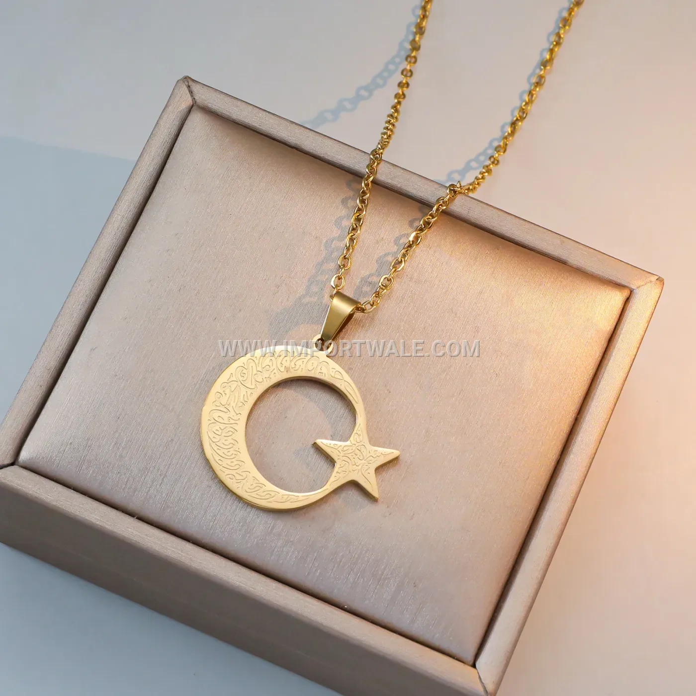 Gold Plated Stainless Steel Crescent Moon Star Calligraphy Pendant Necklace