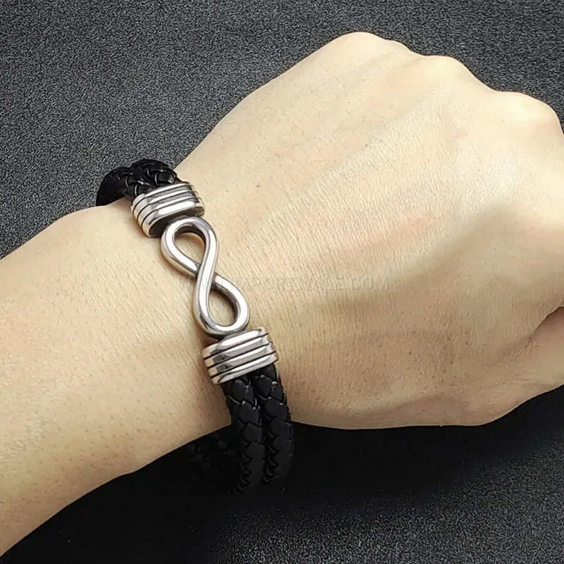 Infinity Symbol Stainless Steel Two Tone Leather Men's Bracelet